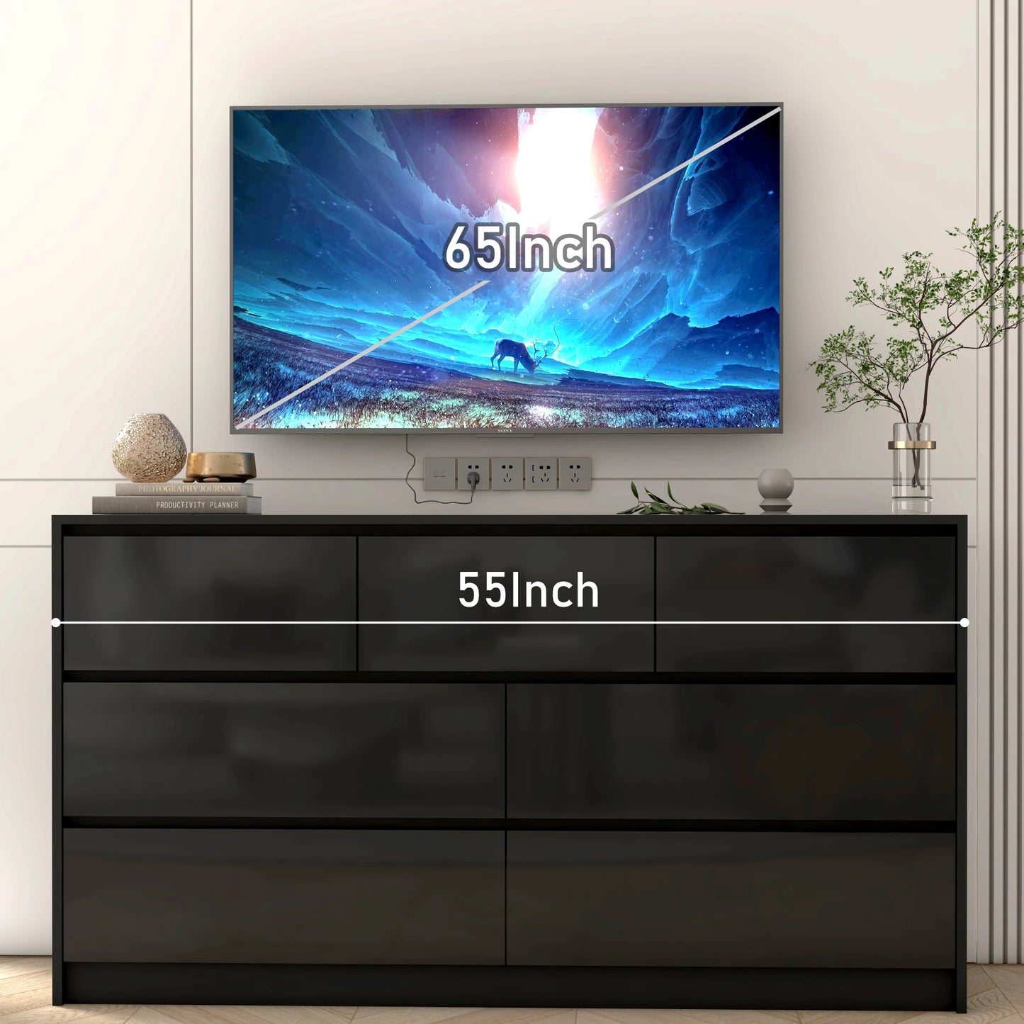 7 Drawer Dresser, 55 Inch Modern Dresser with High Gloss Drawers