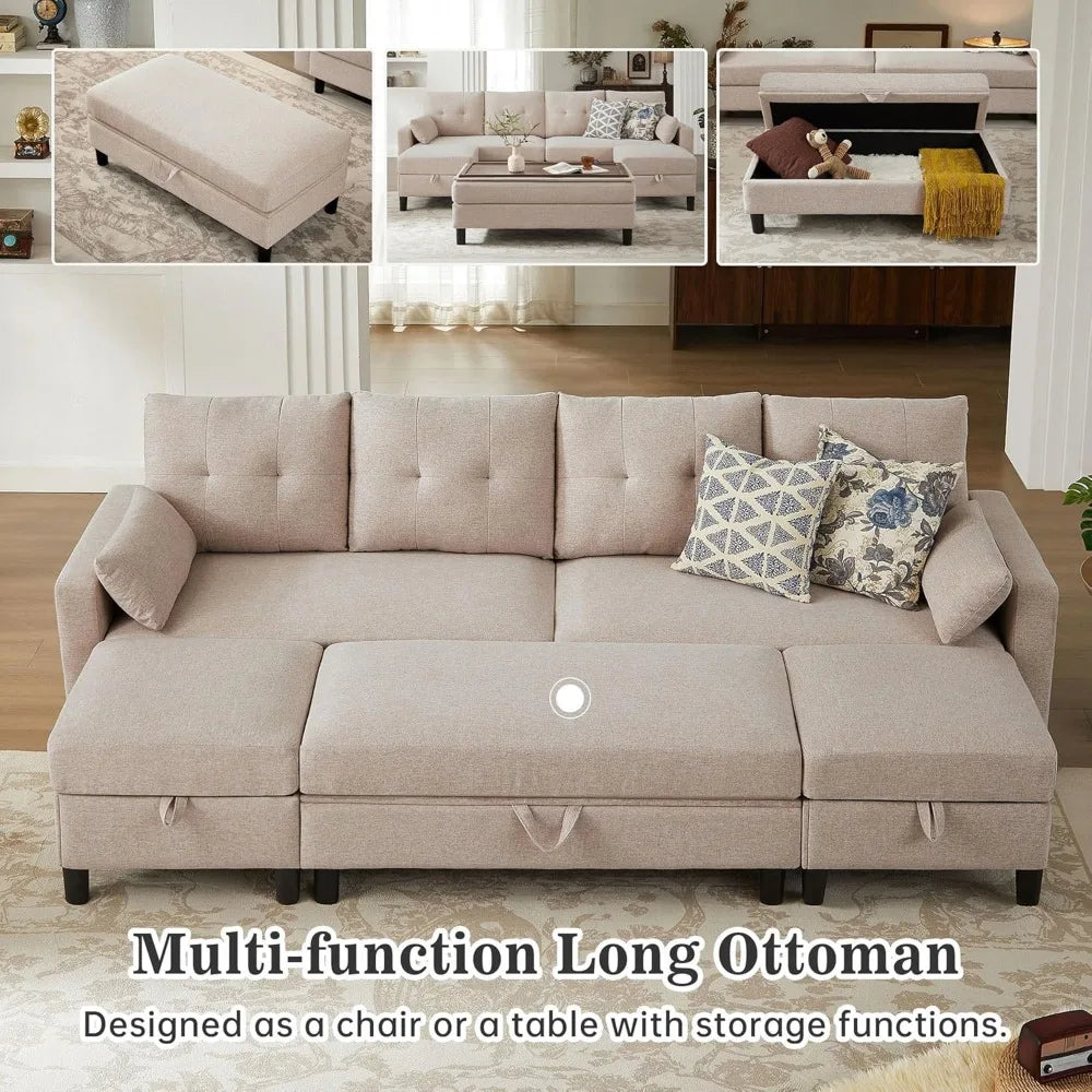 101" Convertible Sectional Sofa with Ottoman Coffee Table, Modern Linen Fabric U-Shaped Couch with Storage Pocket, 4 Seat Sofa C