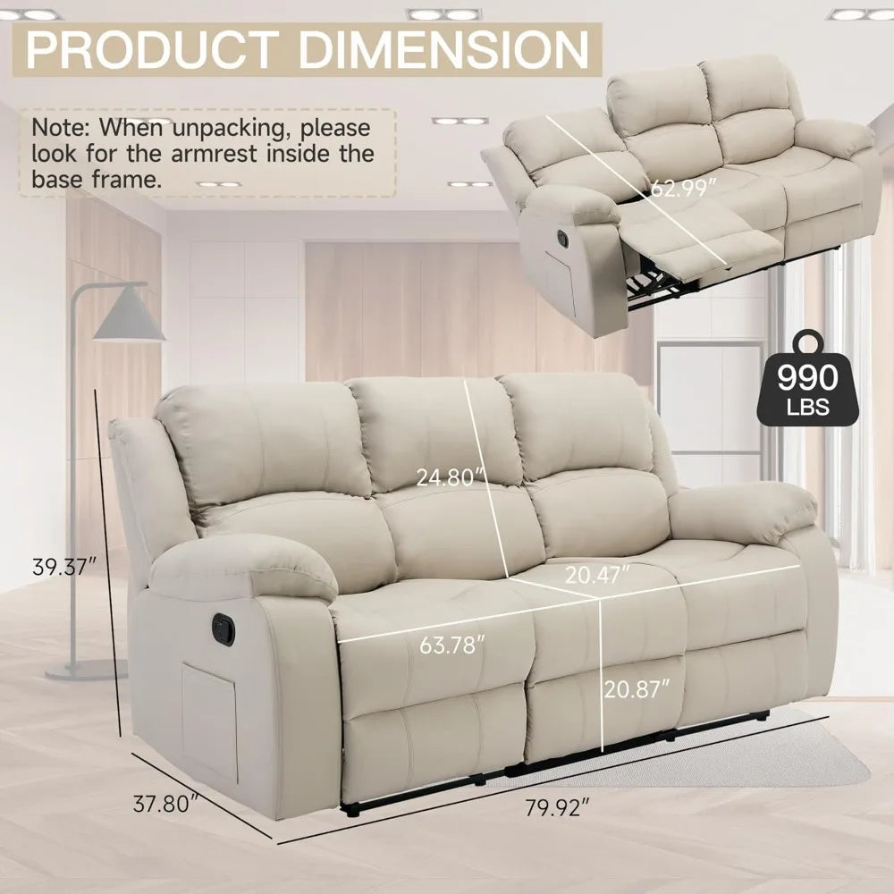 Reclining Loveseat Sofa Leather Recliner Sofa 3 Seater Couch for Living Room, Home Theater Seating