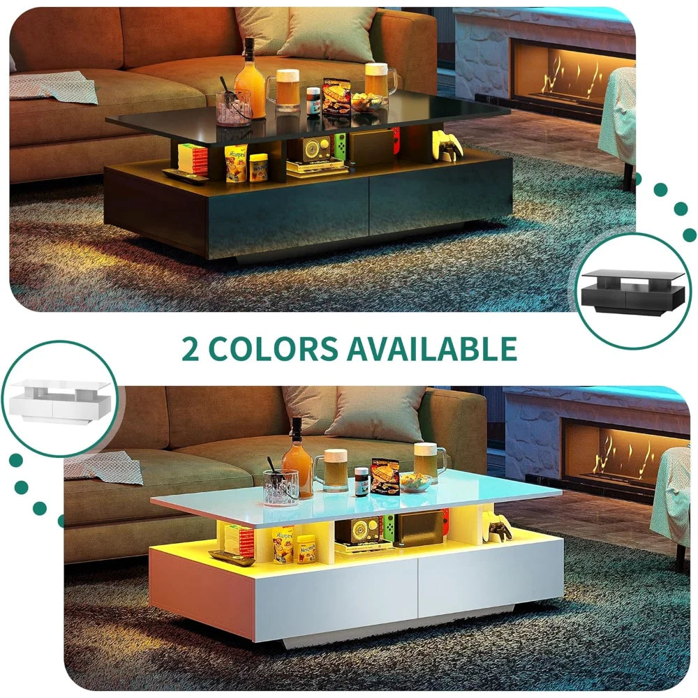 LED Coffee Table with Storage Modern Black Rectangle Table for Living Room High Gloss Finish