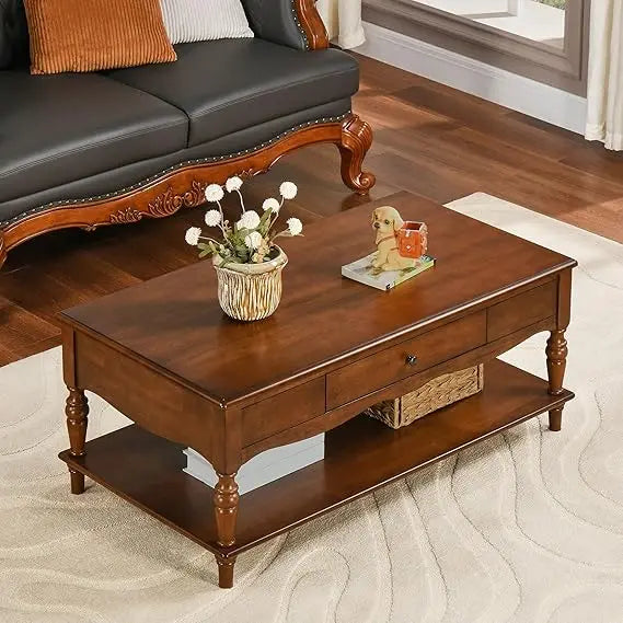 Rectangular Coffee Table with 2 Storage Drawers, Mid-century Solid Wood Living Room Table