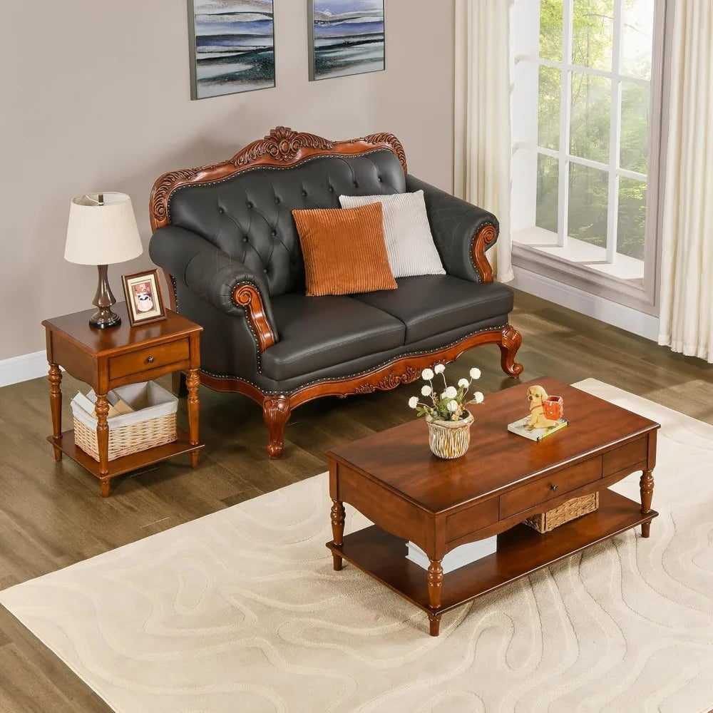 Rectangular Coffee Table with 2 Storage Drawers, Mid-century Solid Wood Living Room Table
