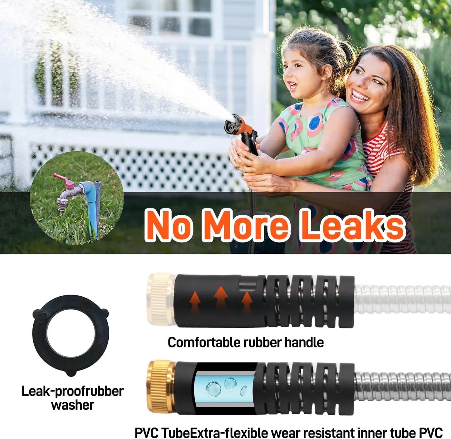 Garden Hose Stainless Steel Water Hose with 10 Functions Nozzle