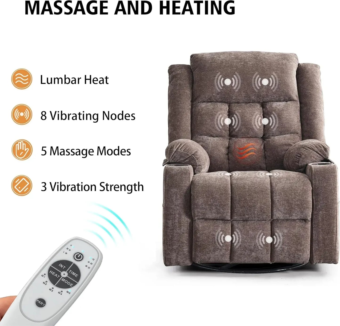 Power Swivel Rocker Recliner Chair for Adults with Massage and Heat