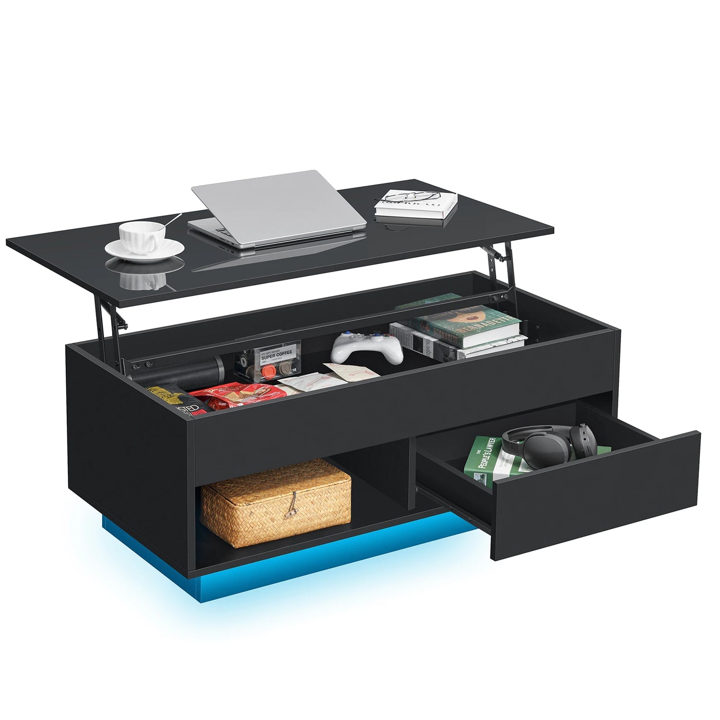 LED Lift Top Coffee Table with RGB Lights 2 Drawers USB Power Versatile Storage Compartment Adjustable Height Living Room Table