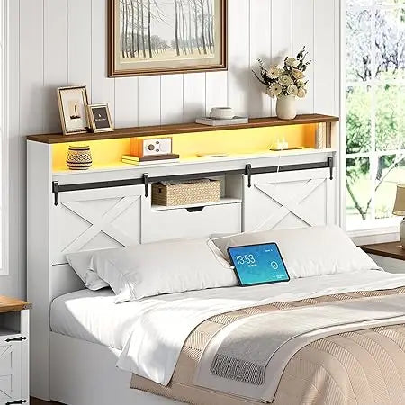 Queen Size Farmhouse Headboard with Storage Shelf Charging Station and LED Lights