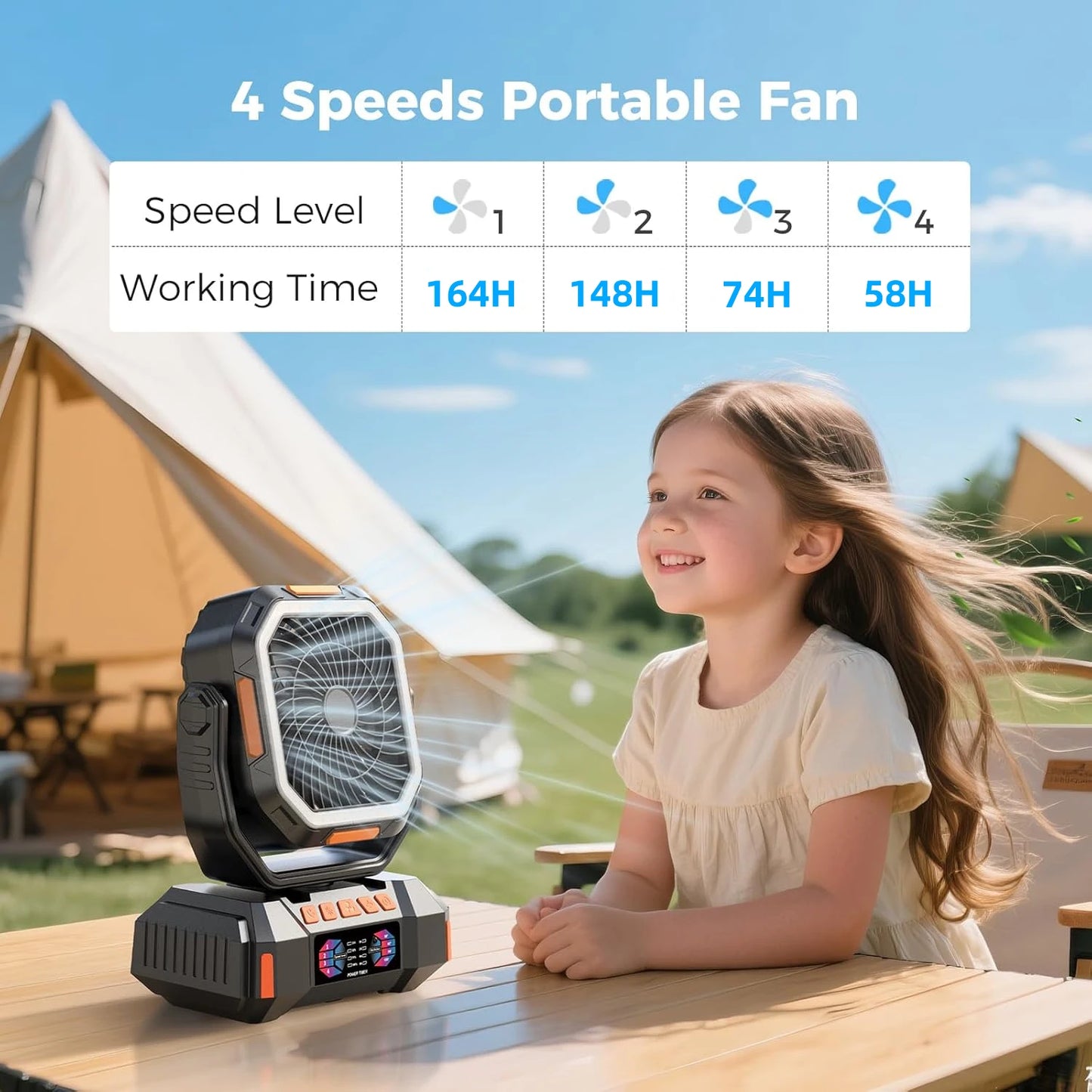 40000mAh Camping Fan Rechargeable Desktop Portable Air Circulator Wireless Ceiling Electric Fan with Power Bank LED Lighting
