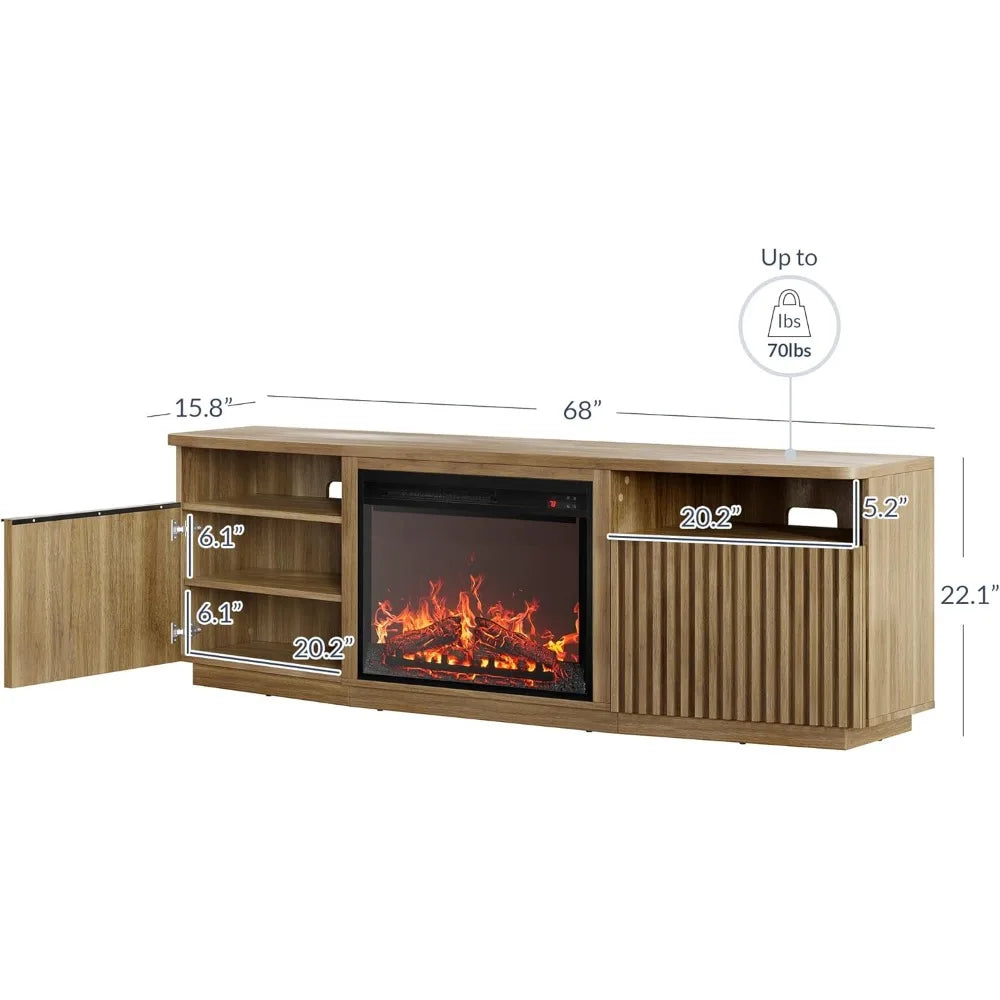 Tv Stand, Fluted Stand with 23" Electric Fireplace Heater with Sound, 68" Entertainment Center for TV Up To 75", Tv Stand