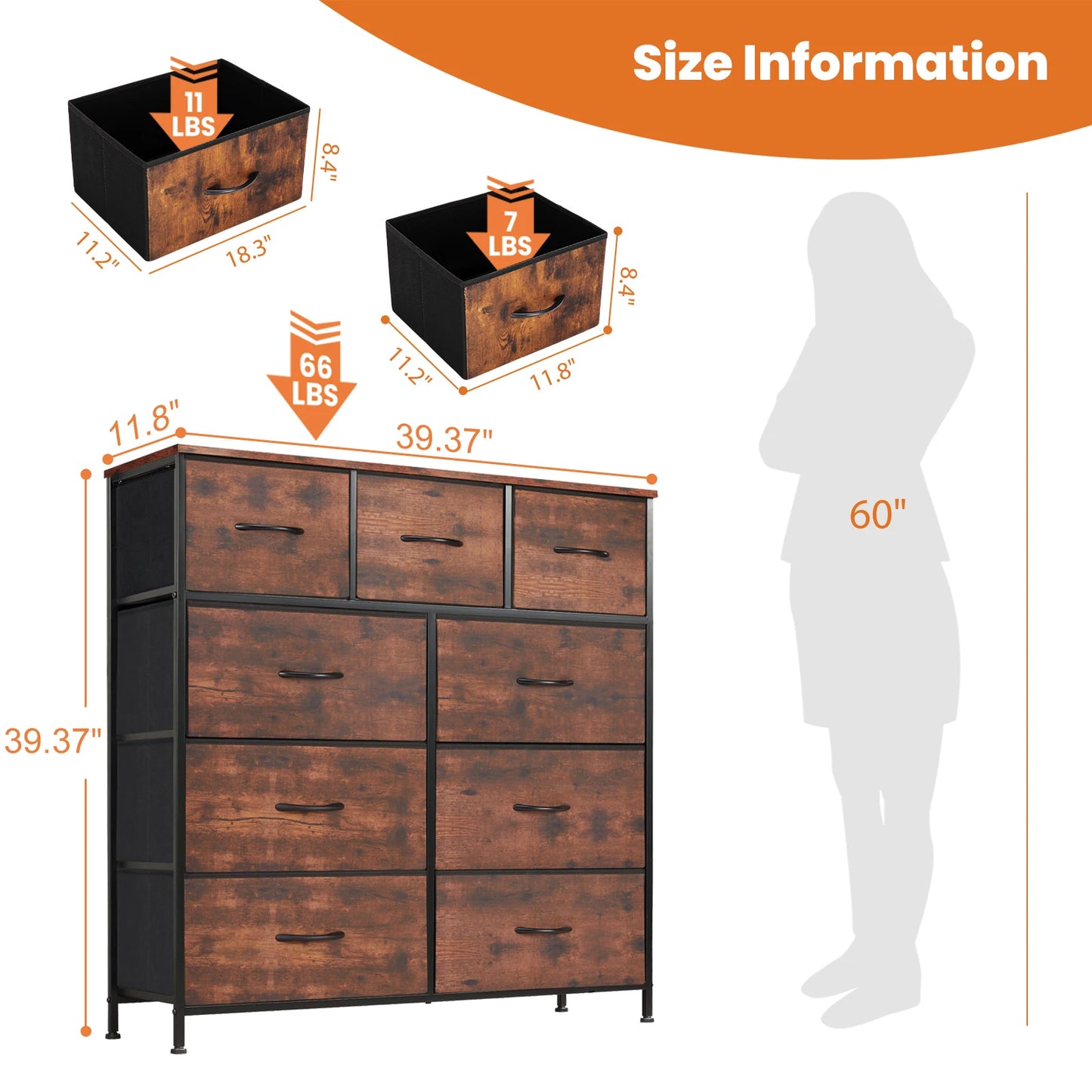 JHK Dresser For Bedroom With 9 Fabric Storage Drawer Wardrobe Tall Chest