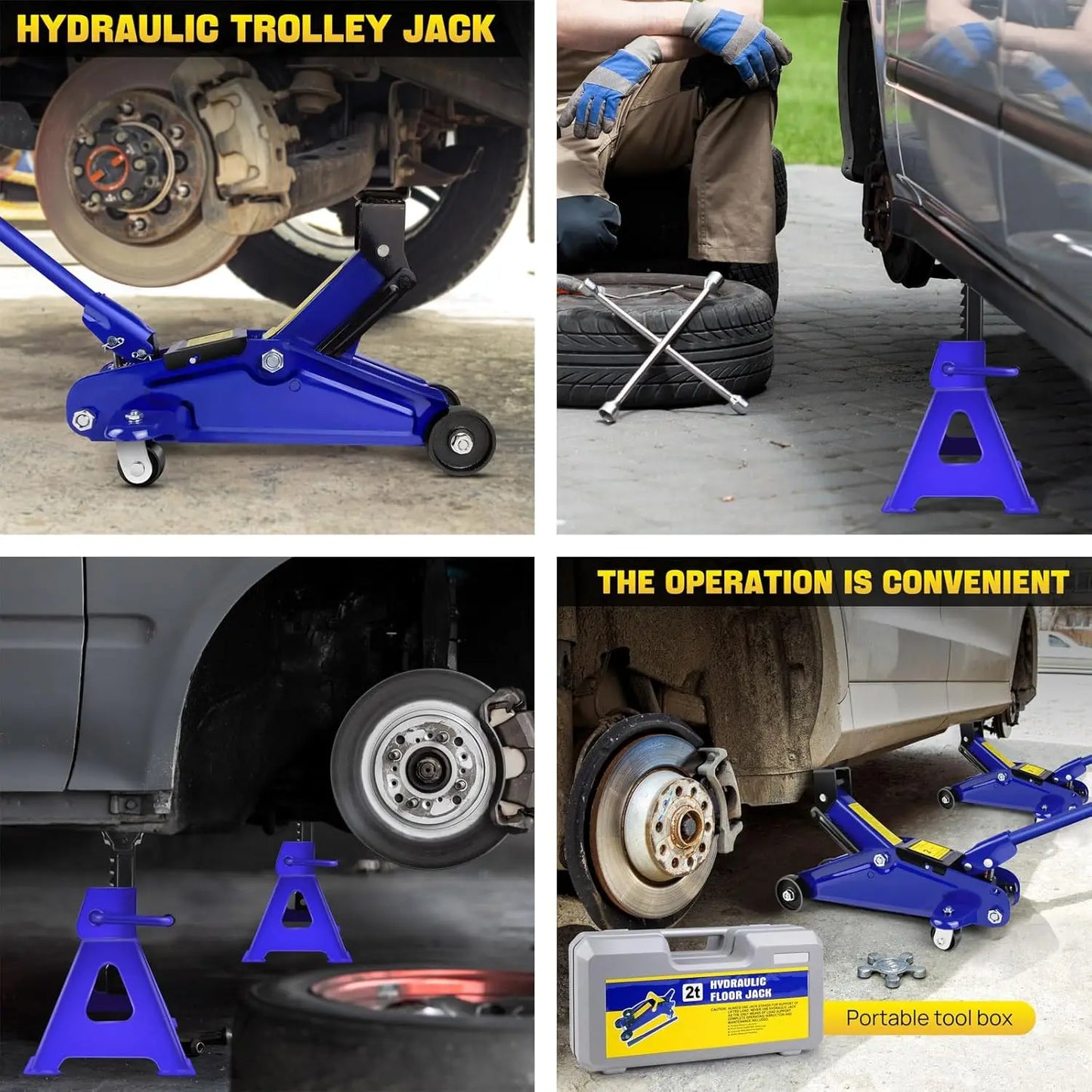 Floor Jack and Stand Combo 2 Ton Low Profile Hydraulic and 3 Ton Axle Stand Set Tire Repair Kit Steel Racing Quick Lift
