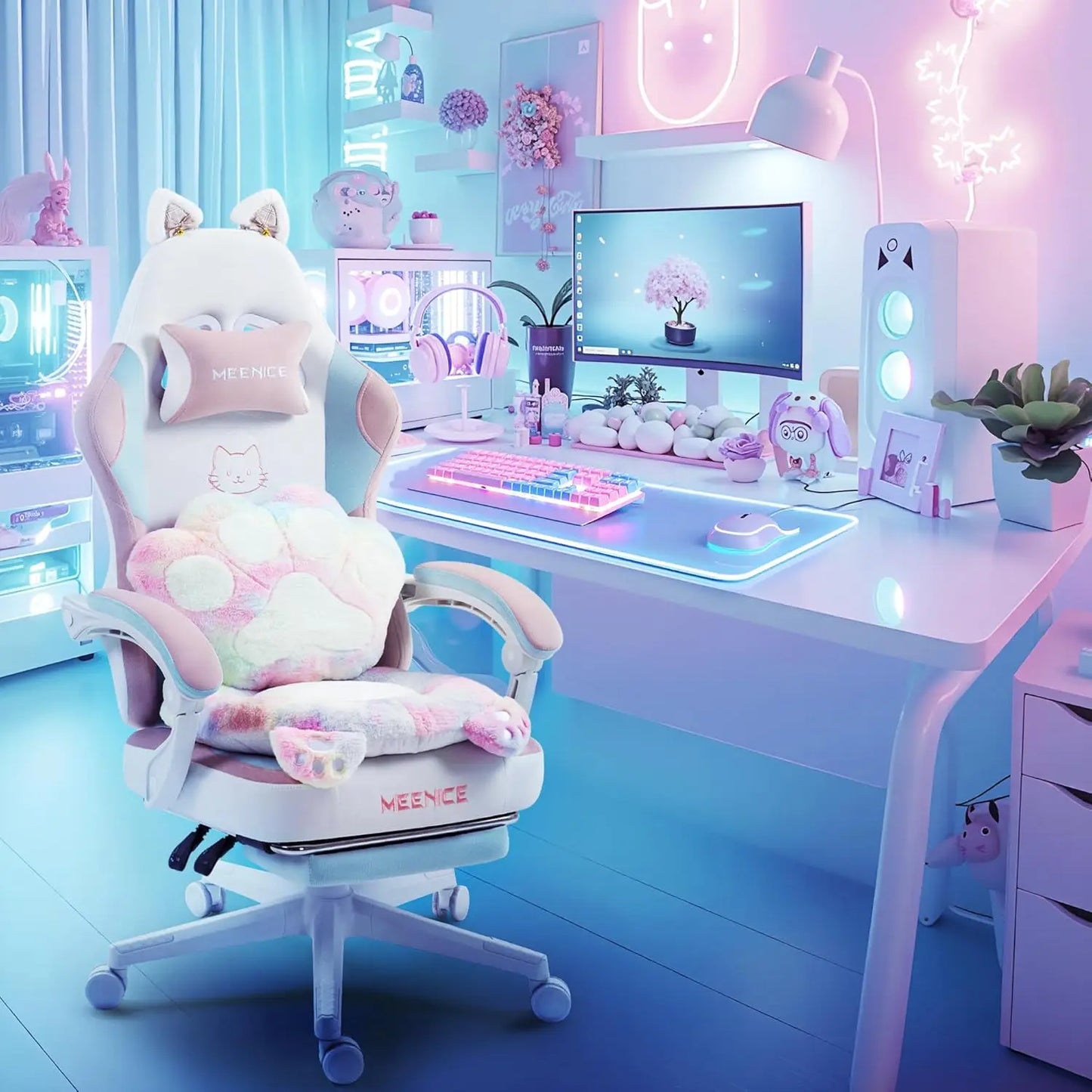 Pink Gaming Chair with Cat Ears and Paw Lumbar Cushion Ergonomic Computer Chair with Footrest Reclining PC Game Chair for Adults and Girls