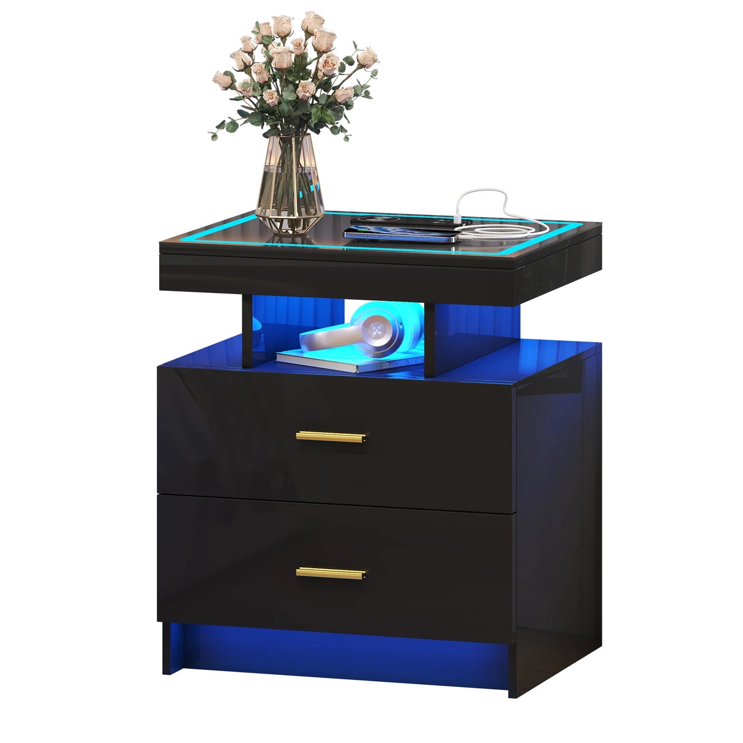 JDPAG LED Nightstand With Wireless Charging Two Drawers