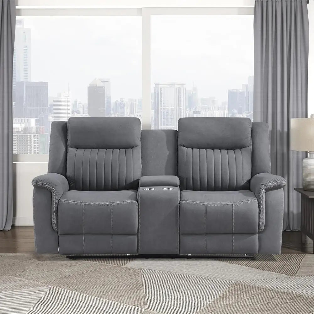 Double Recliner Sofa Manual Wall Hugger Home Theater Seating Polished Microfiber Reclining Loveseat Sturdy Metal Frame Deep