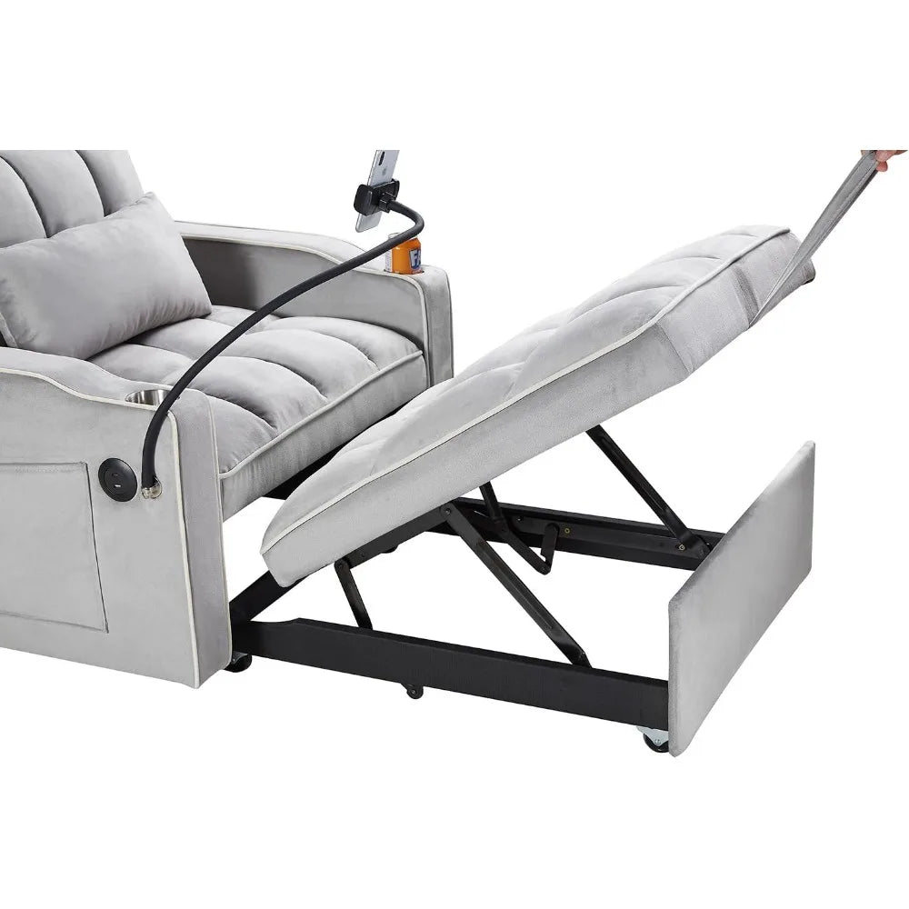 3 in 1 Convertible Sleeper Chair Bed with USB Ports, Cup Holder and Phone Stand, Velvet Pull Out Futon Sofa Beds, Adjustable Bac