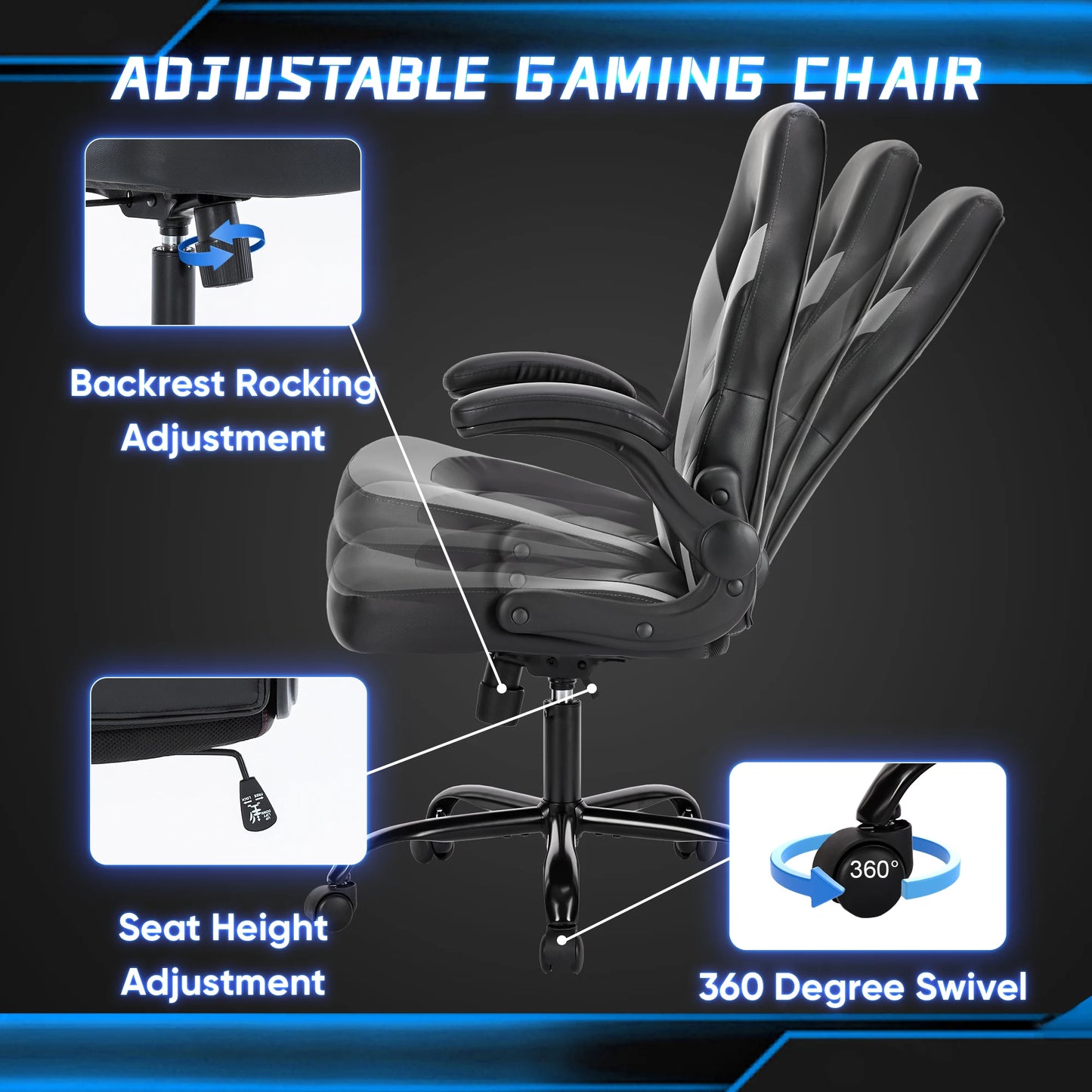 JHK Ergonomic Office Gaming Desk Chair Adjustable PU Leather Racing Chair with Flip-Up Armrests for Home and Office Use