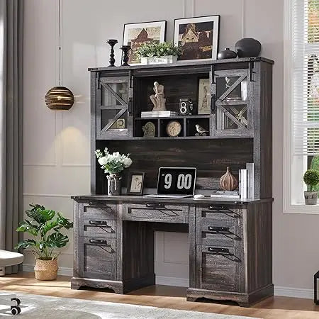 Barnwood Executive Desk With Hutch And Charging Station
