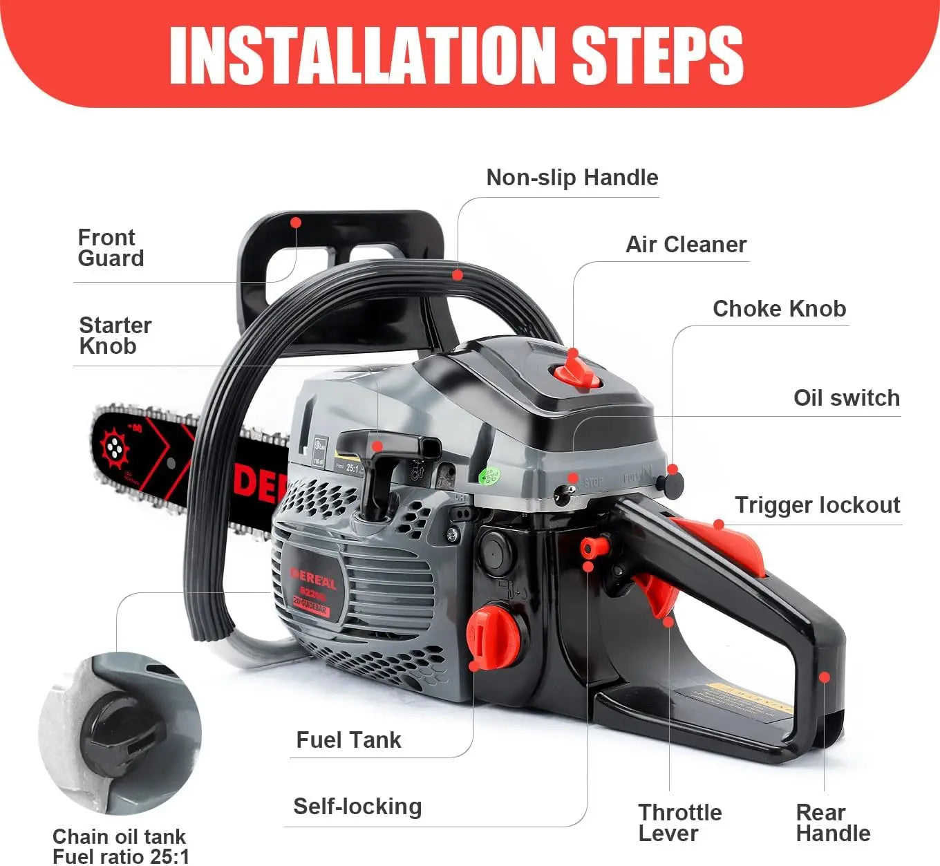 Gas Powered Chainsaw 20IN 6220G 62CC 2-Cycle Gas Powered Chainsaw Handheld Cordless Petrol Gasoline Chain Saw for Farm, Garden a