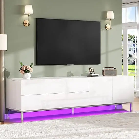 70in LED TV Stand for TVs up to 80", Modern High Gloss Entertainment Center with Storage Drawer and Cabinet, TV Console Table w