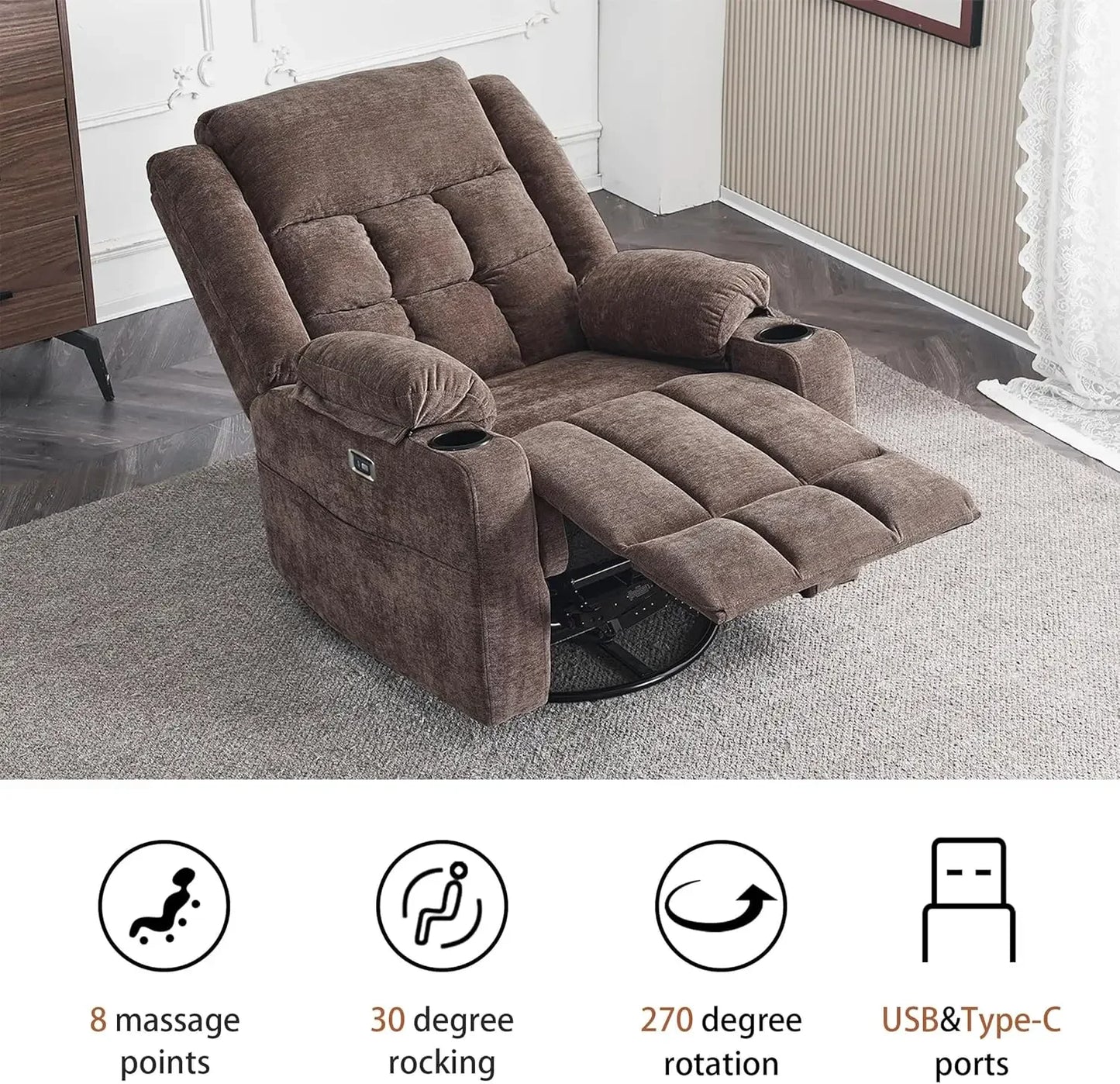 Power Swivel Rocker Recliner Chair for Adults with Massage and Heat