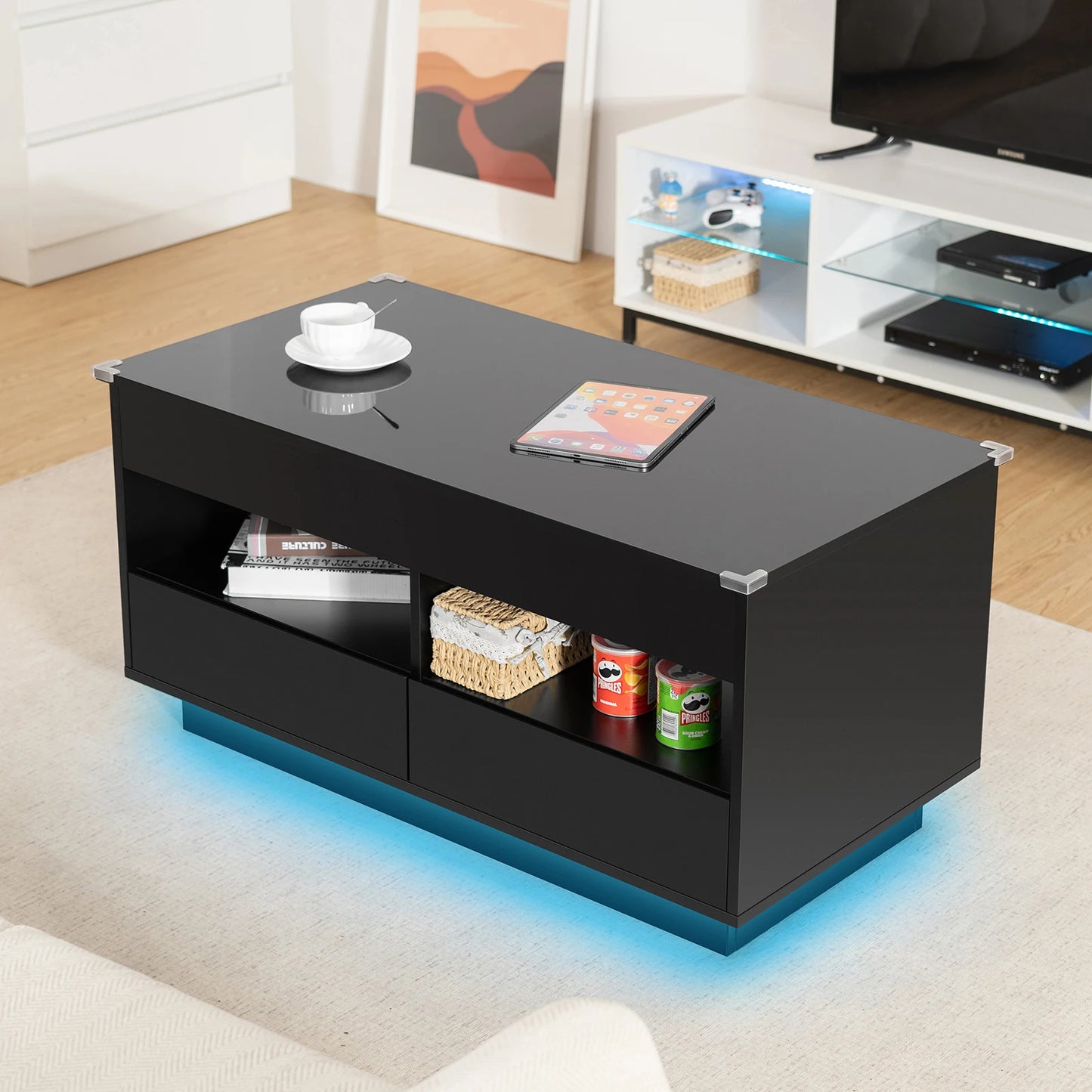 LED Lift Top Coffee Table with RGB Lights 2 Drawers USB Power Versatile Storage Compartment Adjustable Height Living Room Table