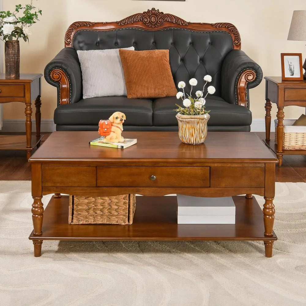 Rectangular Coffee Table with 2 Storage Drawers, Mid-century Solid Wood Living Room Table