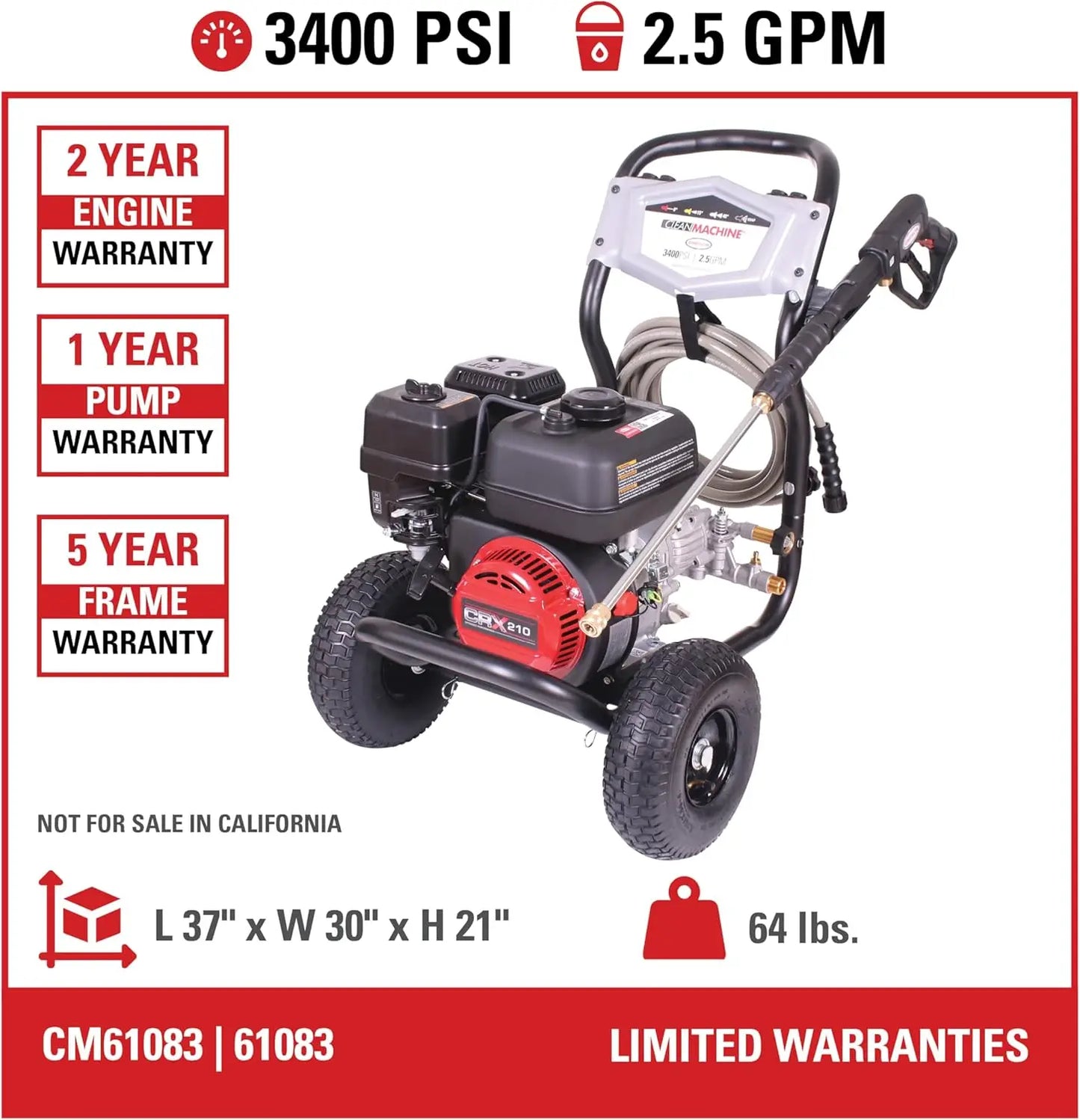 Clean Machine 3500 PSI Gas Pressure Washer, 2.5 GPM, Includes Spray Gun 15-Inch Surface Cleaner 5/16-in. x 25-ft. MorFlex Hose