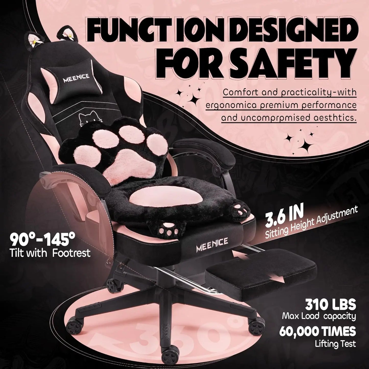 Pink Gaming Chair with Cat Ears and Paw Lumbar Cushion Ergonomic Computer Chair with Footrest Reclining PC Game Chair for Adults and Girls
