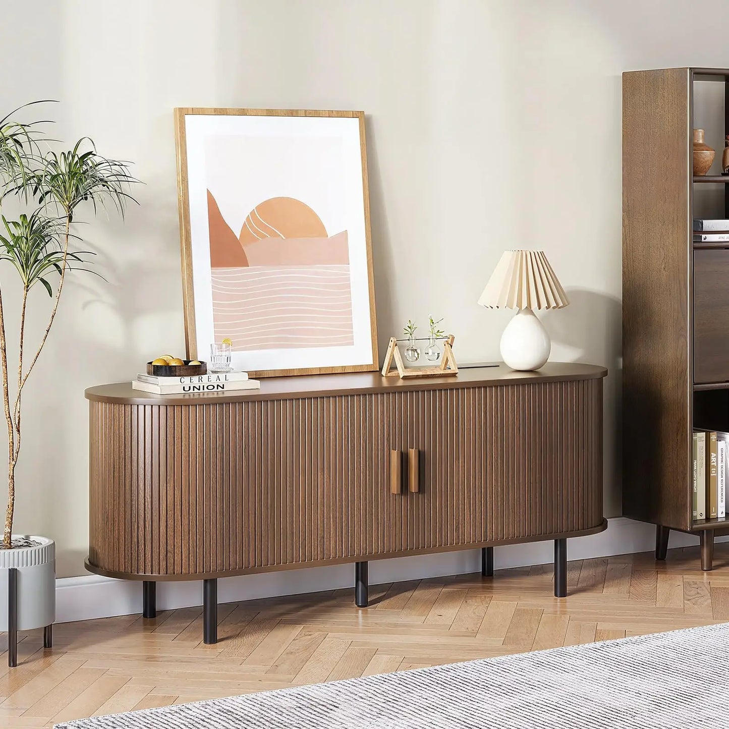 TV Stand Living Room Furniture with Power Outlet for TVs up to 60/70",TV Table with Sliding Doors Storage Adjustable Shelves