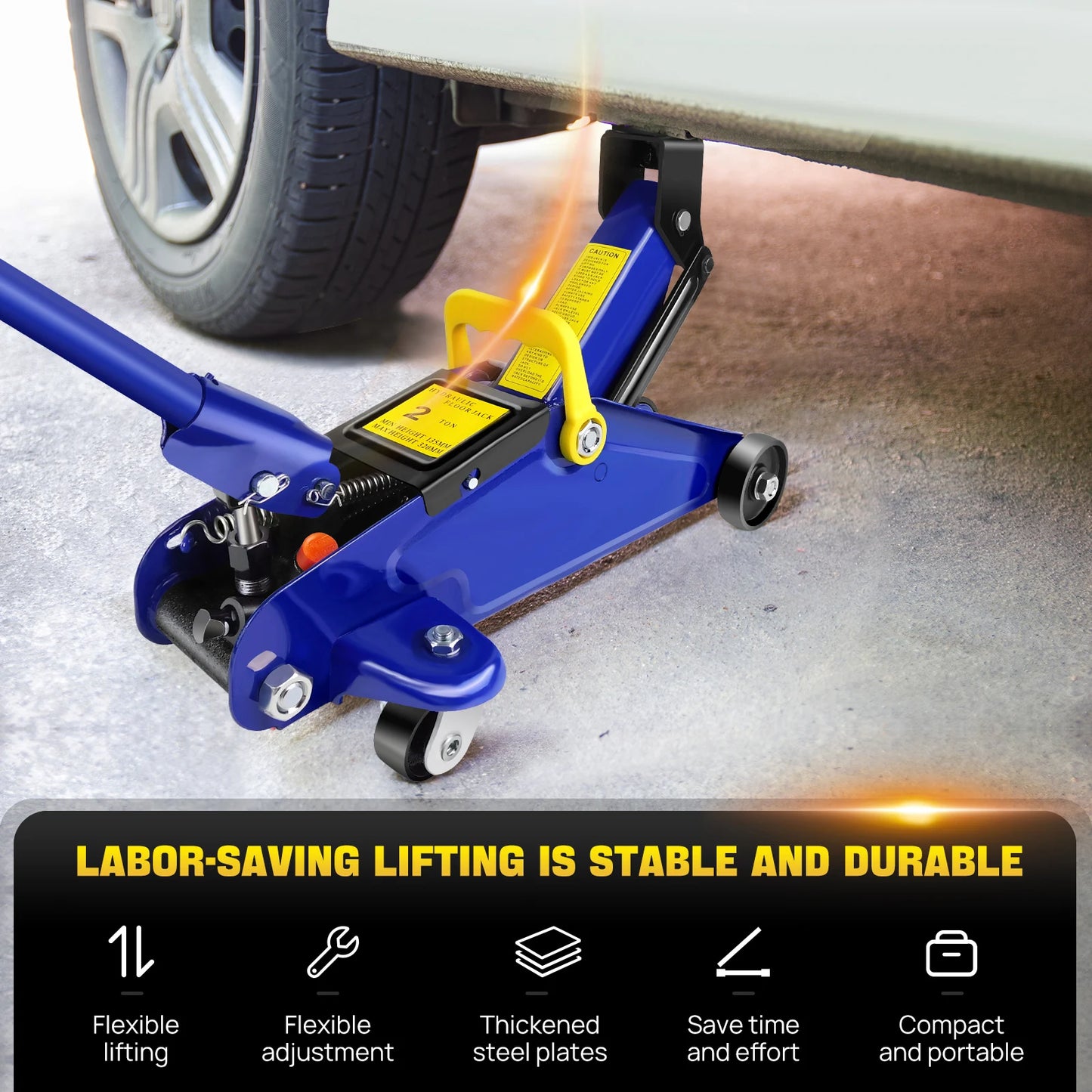 Floor Jack and Stand Combo 2 Ton Low Profile Hydraulic and 3 Ton Axle Stand Set Tire Repair Kit Steel Racing Quick Lift