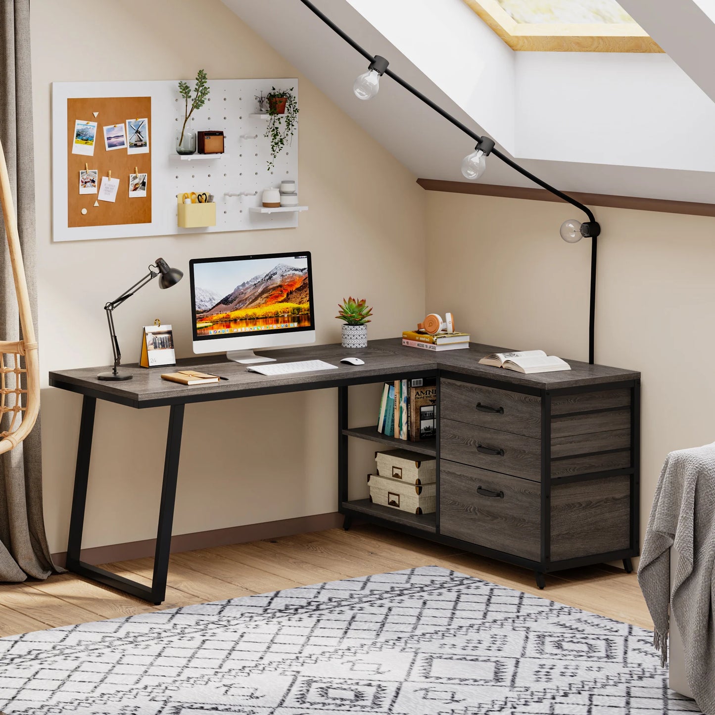 L-Shaped Computer Desk with 3 Reversable Side Drawers