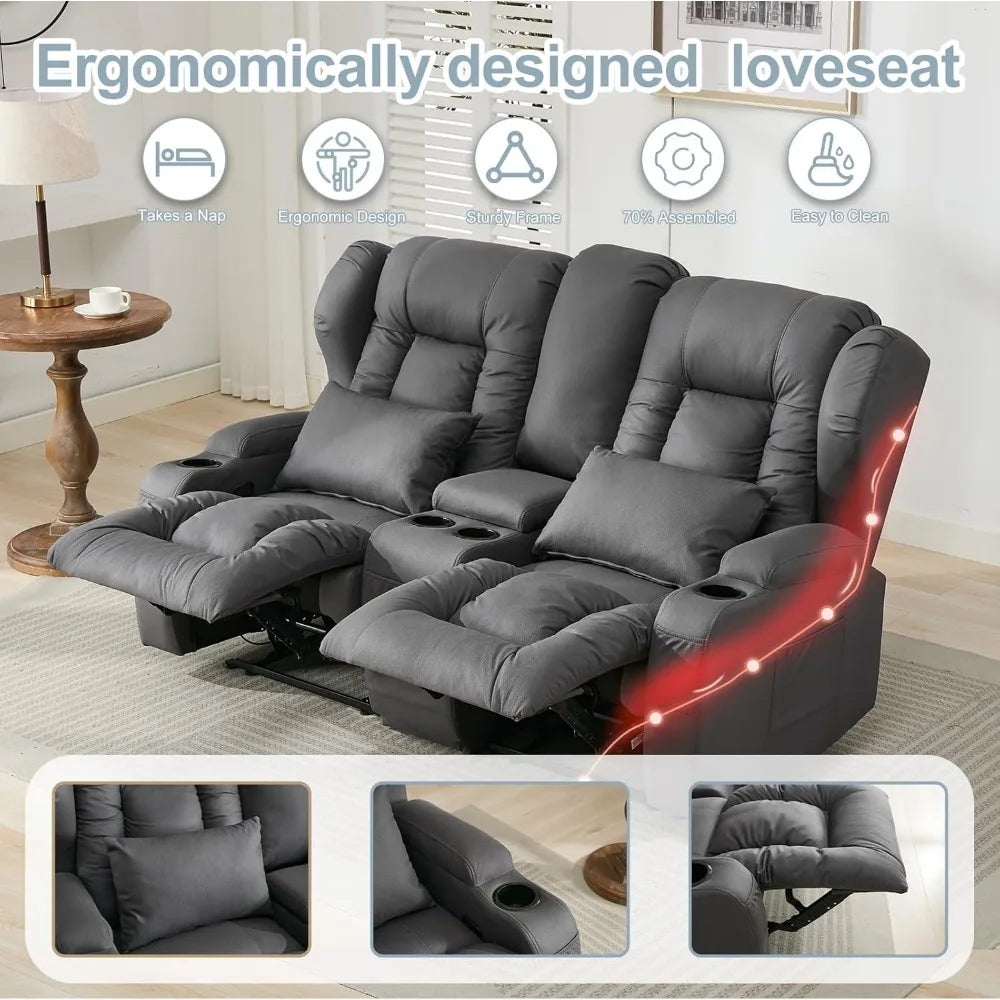 65.5" RV Loveseat Double Recliner With Console | Wall Hugger Reclining Sofa | Theater Seats Couch Furniture for RV and Home
