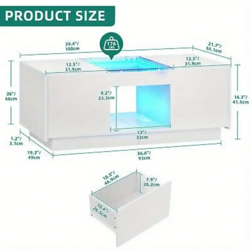 Modern LED Coffee Table with Power Outlets White 2 Drawers Living Room Table