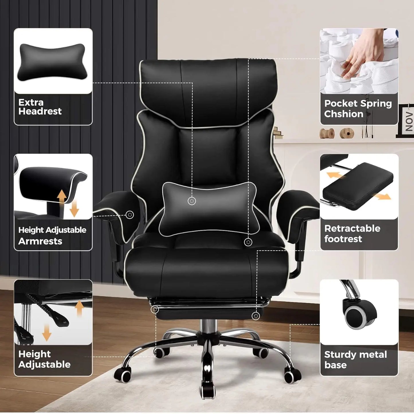 COMHOMA Leather High Back Ergonomic Office Chair Lumbar