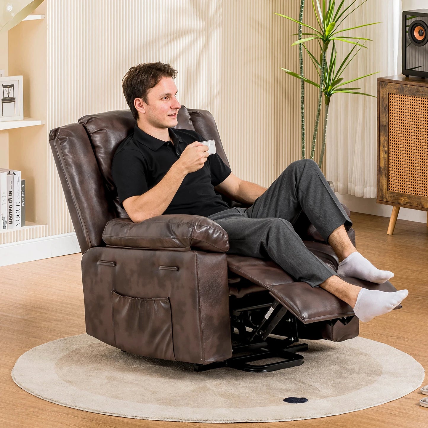 Comhoma Power Lift Recliner for Elderly, Lift Chair with Heat and Massage, Pu Recliner Sofa with Timing Function, Brown