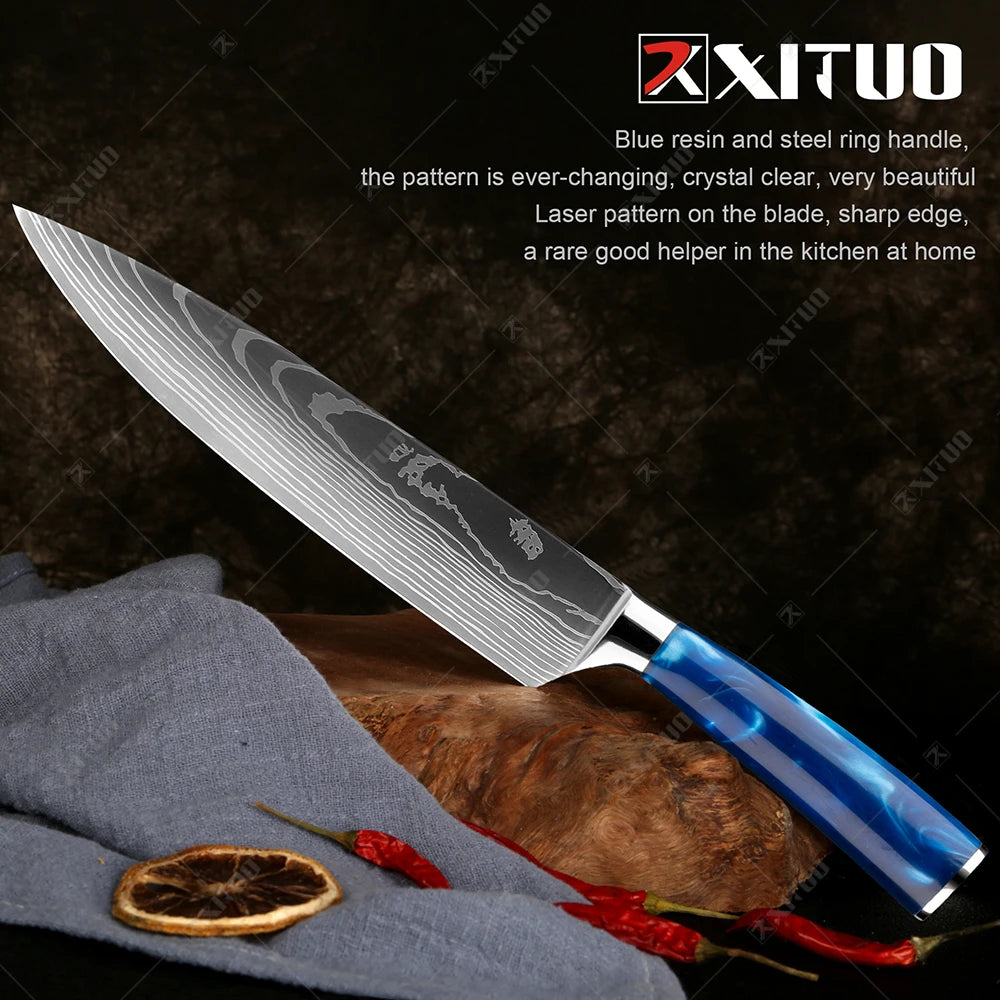 Stainless Steel Kitchen Knife 8PCS Set Blue Resin Handle Sharp Slicer Cleaver knife Damascus Laser Pattern With Knife Holder