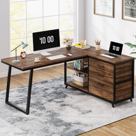 L-Shaped Computer Desk with 3 Reversable Side Drawers