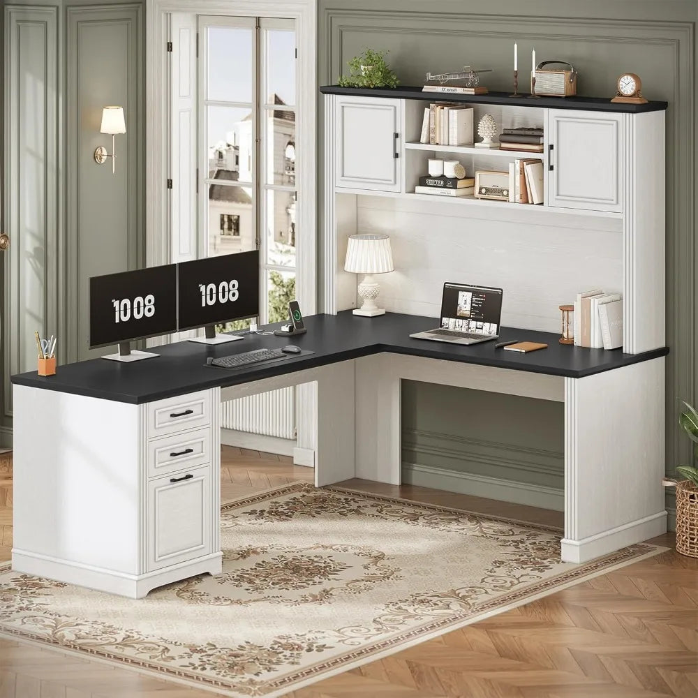 MKDK Farmhouse L Shaped Desk With Hutch And Drawers