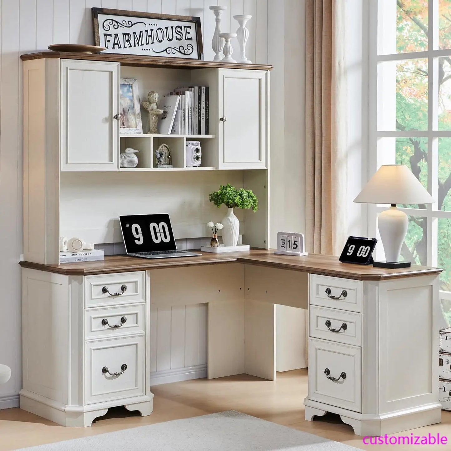 XMSJ L Shaped Executive Desk With Hutch And Storage