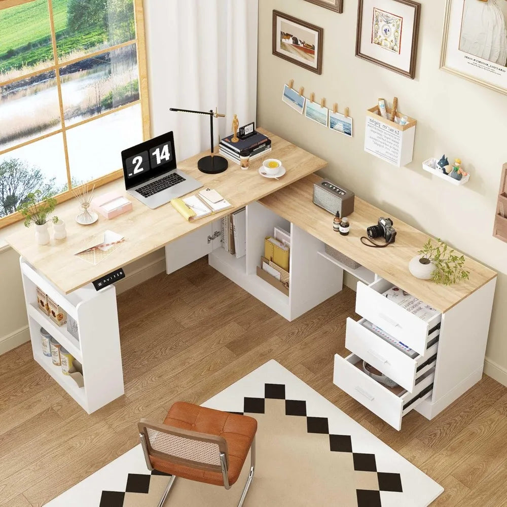 HUANZHUANG Electric Standing Desk With Drawers L Shaped Computer Desk