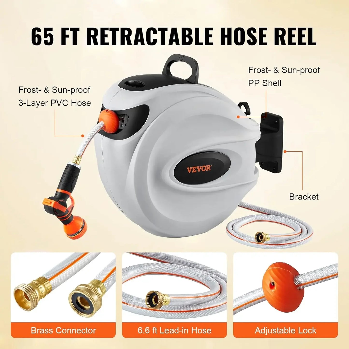 Retractable Hose Reel 65 ft x 5/8 inch Wall-Mounted Garden Hose