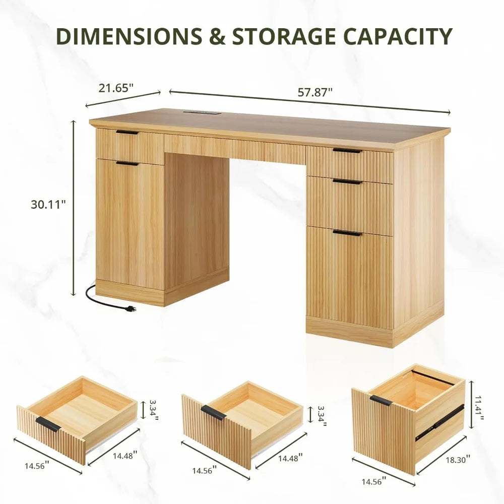 ZHUOTING Fluted Modern Executive Desk With File Cabinet Drawers