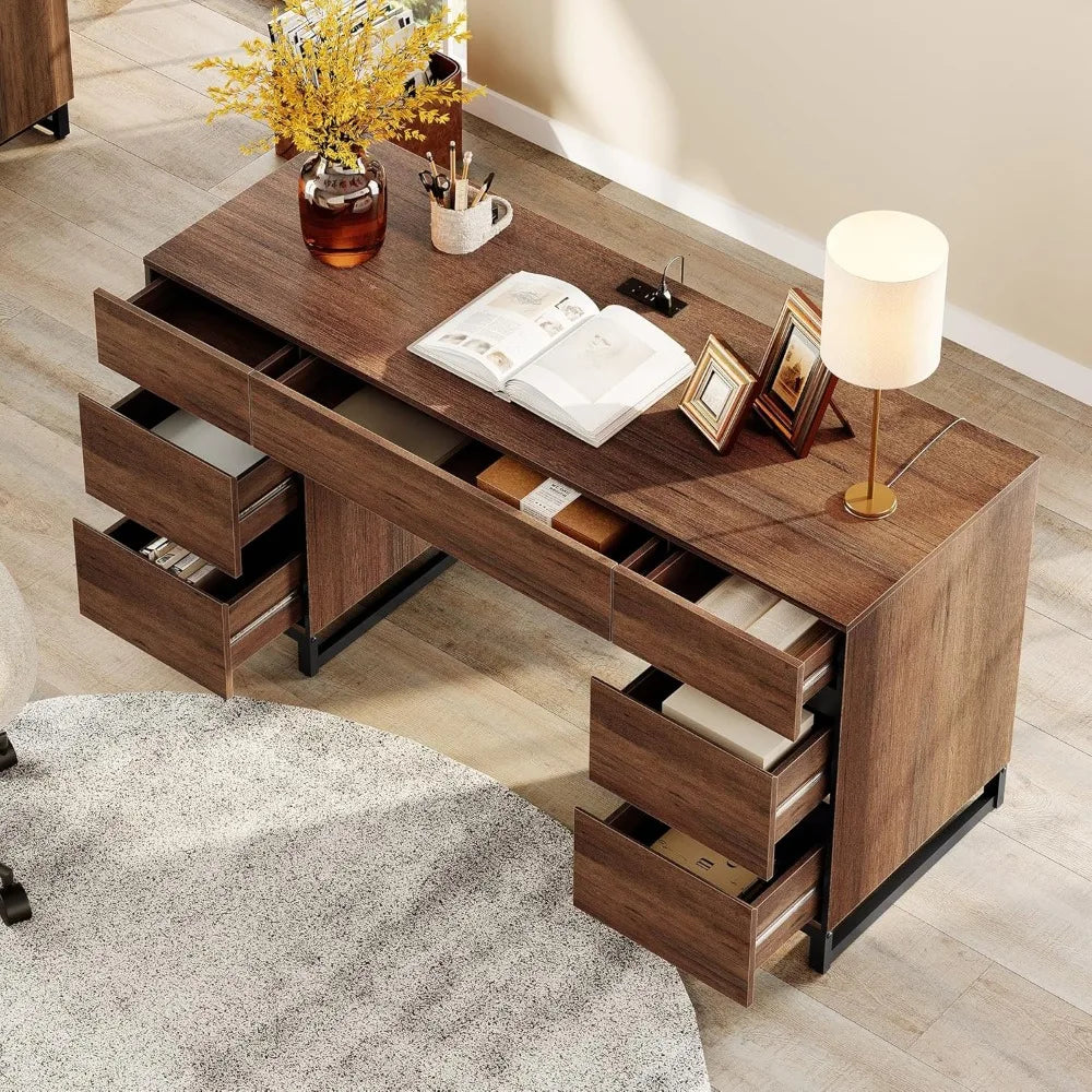 Modern Wood Administrative Desk With USB Charging And Drawers