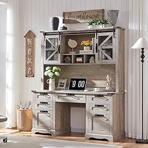 Barnwood Executive Desk With Hutch And Charging Station