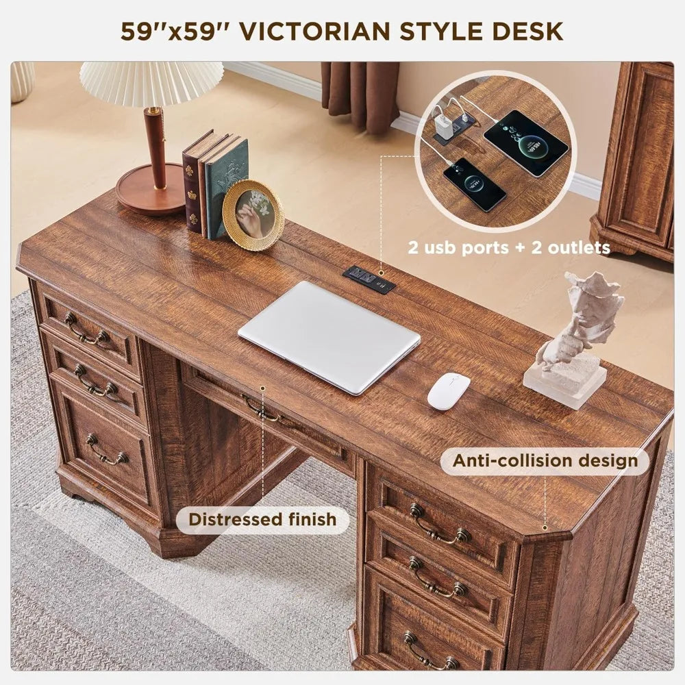 Farmhouse Style Executive Desk With Storage Drawers Keyboard Tray