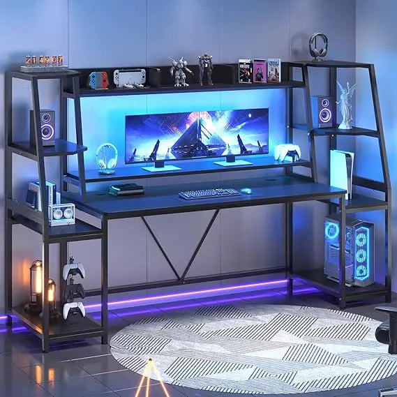 LZJV LED Gaming Desk With Hutch And Storage Shelves