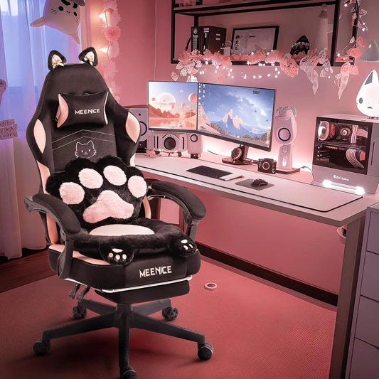 Pink Gaming Chair with Cat Ears and Paw Lumbar Cushion Ergonomic Computer Chair with Footrest Reclining PC Game Chair for Adults and Girls