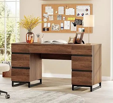 Modern Wood Administrative Desk With USB Charging And Drawers