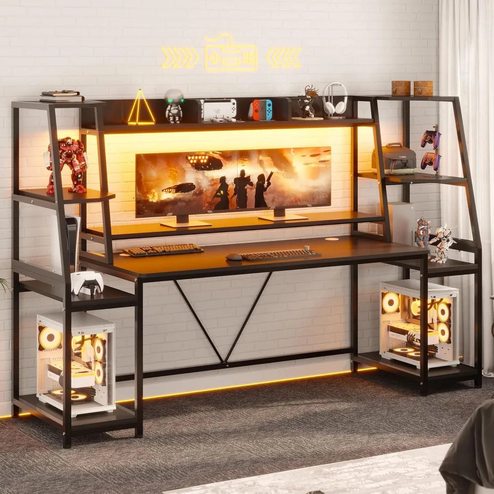 LZJV LED Gaming Desk With Hutch And Storage Shelves