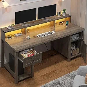 Ticify Farmhouse Desk With Drawer And Power Outlets