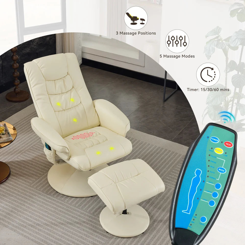 MLG Recliner Chair with Ottoman -360°Swivel Massage Lounge Chair with 5-Point Vibration&Heated Seat,Home Theater or Office,Beige
